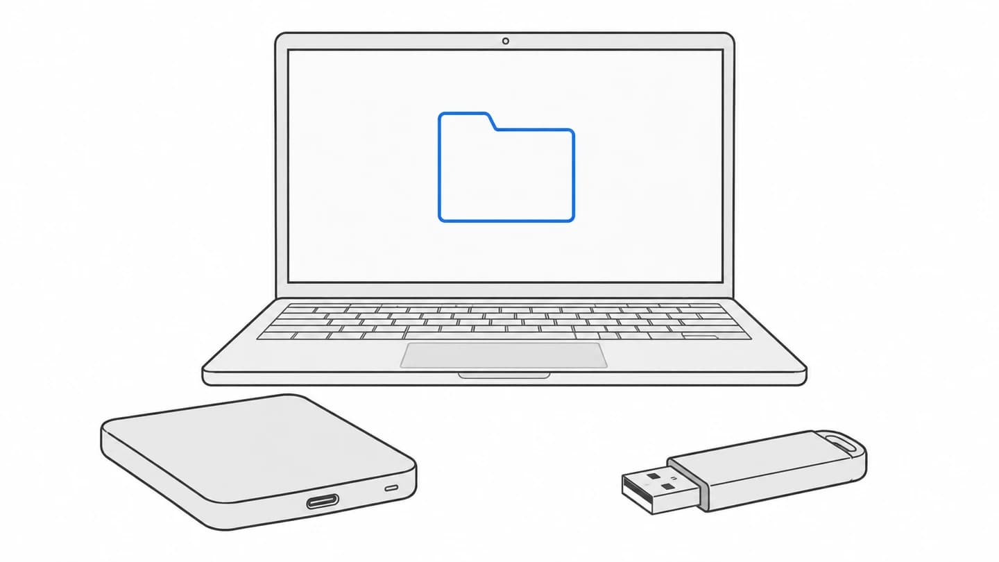 폴더가 표시된 노트북 앞에 외장 SSD와 USB 메모리가 놓인 선화