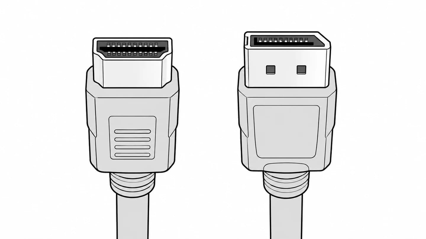 왼쪽 HDMI와 오른쪽 DisplayPort 플러그의 외형을 비교한 선화
