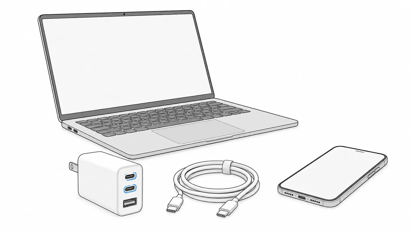 노트북 앞에 USB 충전기와 분리된 USB-C 케이블·휴대폰이 놓인 선화