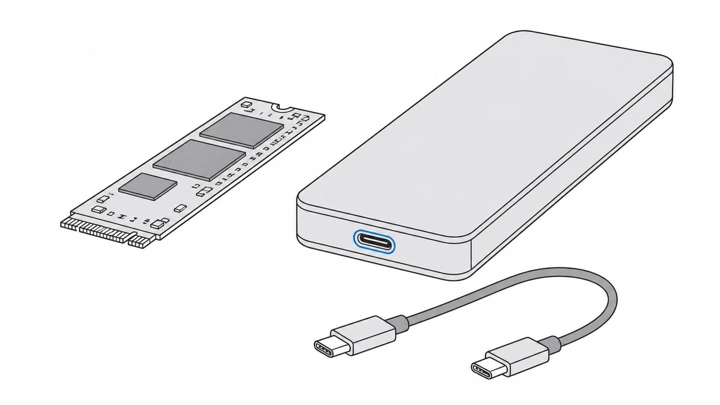 M.2 SSD와 별도의 USB 외장 케이스, USB-C 케이블을 나란히 놓은 선화