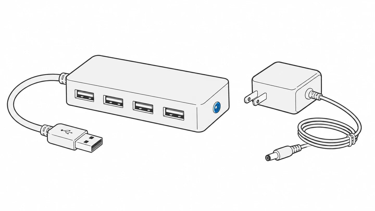 USB 허브와 PC 연결 케이블, 따로 놓인 외부 전원 어댑터를 보여주는 선화